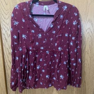Mudd XXL Burgundy Peasant Blouse with Floral Print